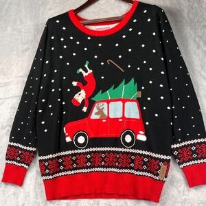 Tipsy Elves Women XL Ugly Xmas Black Red Sweater Santa Hit Car Reindeer NWOT